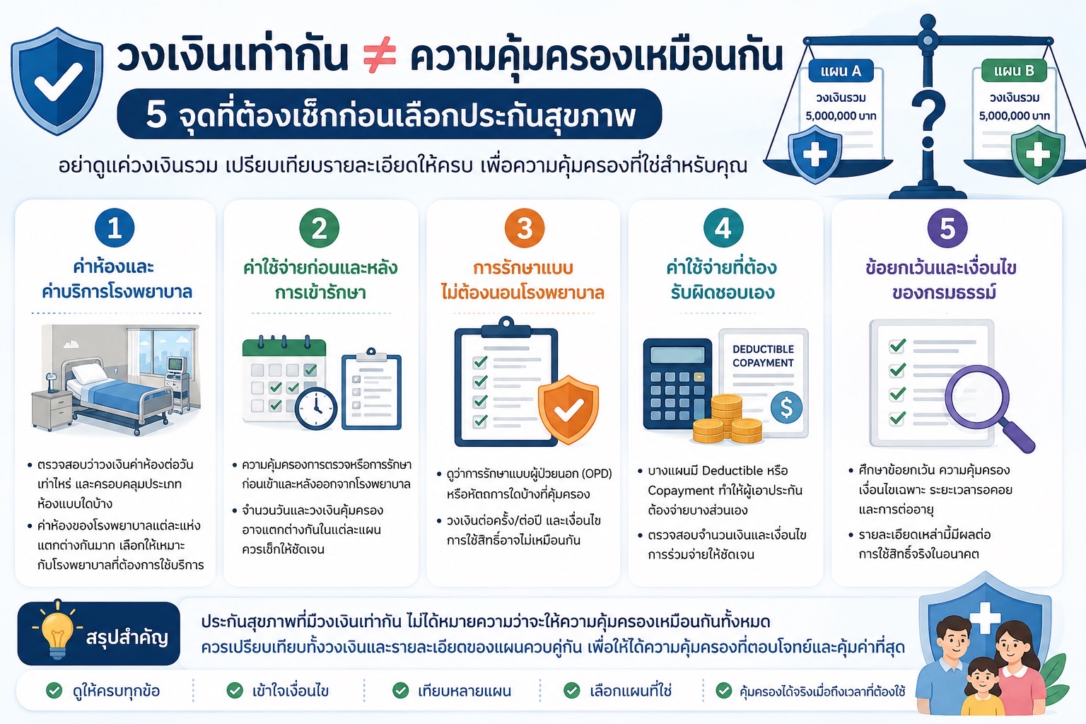 วงเงินประกันสุขภาพเท่ากัน ความคุ้มครองอาจไม่เหมือนกัน 5 จุดที่ต้องเช็กก่อนเลือก